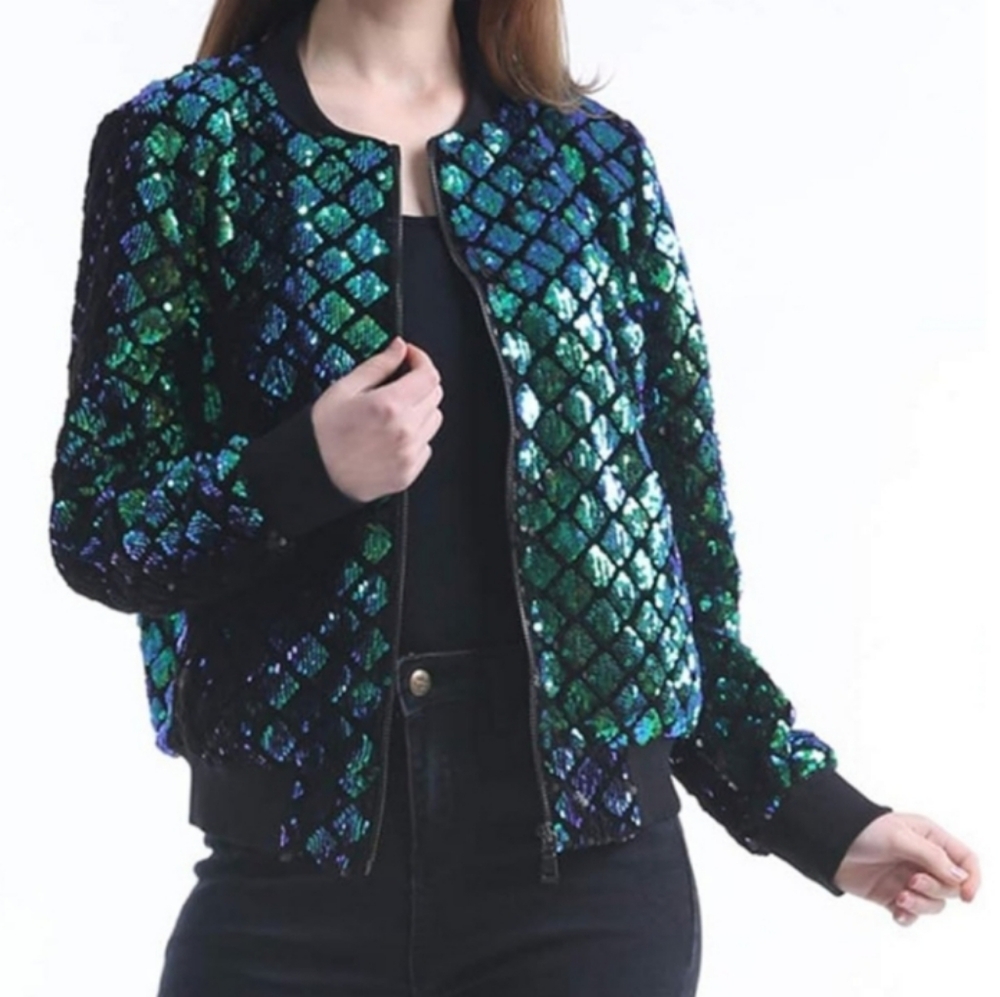 Vangull green diamond pattern 'mermaid scales' sequin zip bomber XL EUC